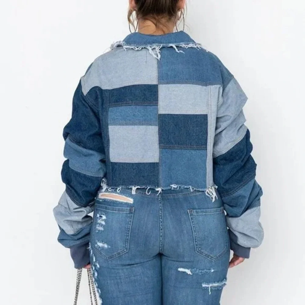 NWT AZALEA WANG ALL PATCHED UP PATCHWORKED  CROP DENIM JACKET - Picture 7 of 14